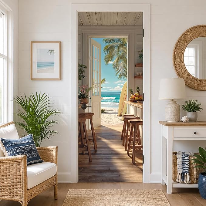 Beach View Door Mural, Open Door Coastal Scene Decor | Peel-and-stick vinyl door decal, self-adhesive home decor wallpaper, 30.3" W x 78.7" L, 2-pack by Cmialusie