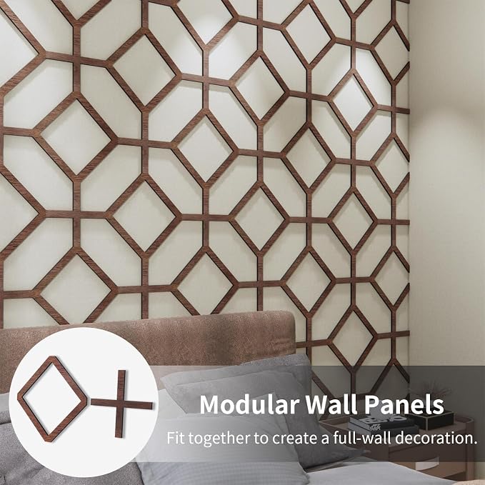 8PCS PVC Modular Decorative Fretwork Wall Panels for Living Room Lobby Bedroom, Cross Grid-Walnut Faux Walnut Wood Texture - Image 3