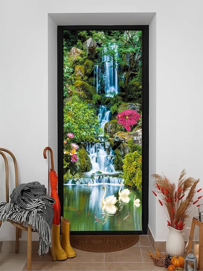 artfanke 3D Peel and Stick Door Sticker 30.3"x78.7"- Self-Adhesive Door Wallpaper Murals Decal-Waterfall Swan Wall Poster for Home Decor (2 Sheets/Set) by artfanke