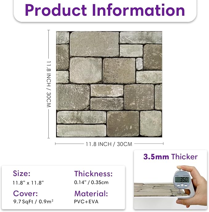 3D Peel and Stick Faux Stone Wall Panels 11.8" x 11.8" 10-Pack | Brown, Stone-Look Textured Wall Sticker, Thin Lightweight PVC Self Adhesive Wall Tiles for Interior Decor, Cover 9.7 sq ft - Image 2