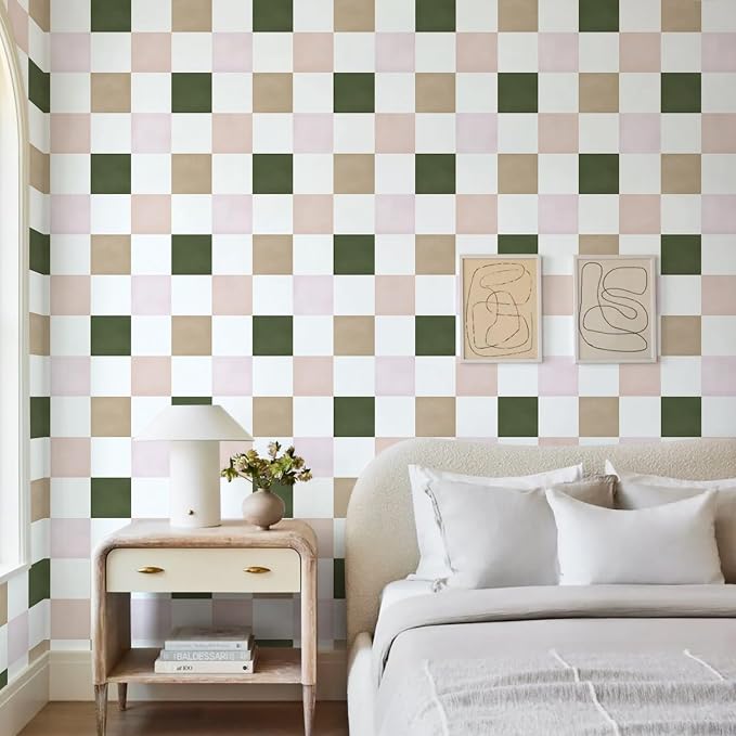 Ismoon Modern Peel and Stick Wallpaper Pink and Green Checkered Contact Paper Removale Self-Adhesive Stick on Wallpaper for Bedroom Bathroom Shlef Cabinet Décor 17.3in x 32.8ft - Image 7