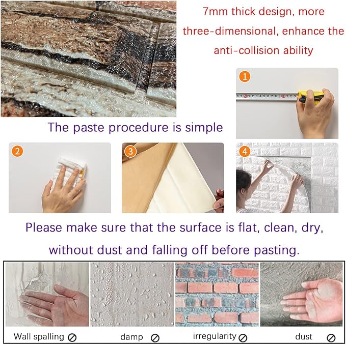 Yutianli 7mm Thick Anti-Collision self Adhesive 3D Wall Panels Peel and Stick,10-Pack 57 Sq.Ft Antique Faux Brick Wall Panels Foam Faux Stone Wallpapers for Bedroom (10, Style A) - Image 6