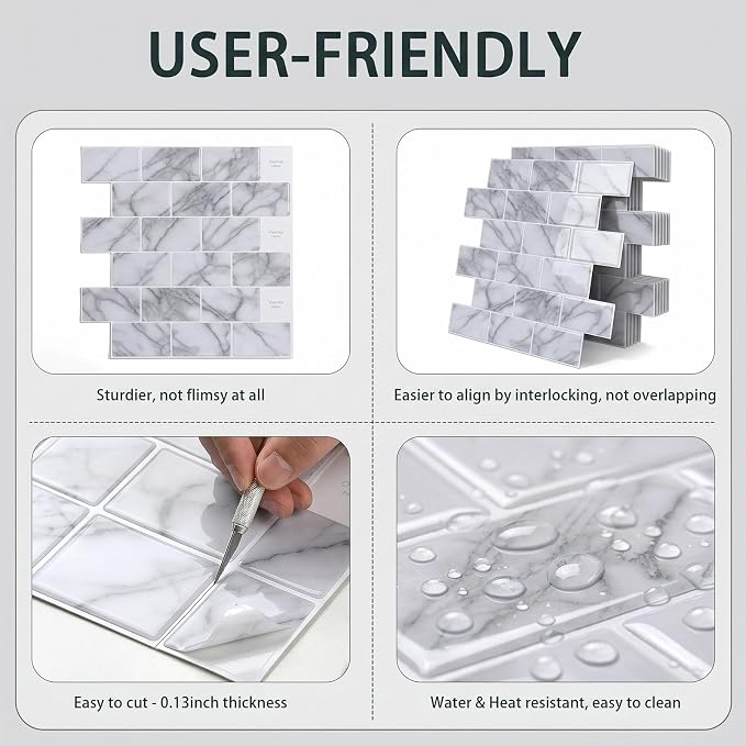 Arttown Peel and Stick 3D Wall Backsplash 10-Sheet, 12" × 12" Marble White | Subway Tile Self Adhesive Thicker Design Wall Tiles Panel Wallpaper for Kitchen Balcony Bathroom Rental Housing - Image 7