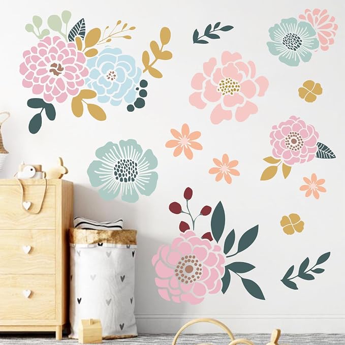 Floral Wall Decals Peel and Stick Flower Wall Stickers Removable Nursery | Decor for Girls Room Bedroom Baby Boho Pink Blue Watercolor Flowers Murals for Kids Playroom Living Room - Image 3