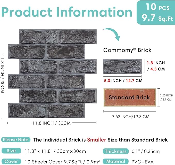 Commomy 3D Faux Brick Wall Panels - 10 pcs 11.8" x 11.8" | Small Size Thin PVC Brick Wallpaper Tiles Backsplash for Kitchen,Bedroom,Living Room,Quick DIY Wall Decor(Covers 9.7 sq.ft) - Image 4