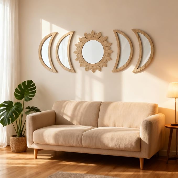5 Pieces Moon Phase Mirror Wall-Mounted Wall Decor Mirrors Natural Wooden Sunburst Bohemian Wall Art for Home Living Room Bedroom Decoration (Natural) - Image 6