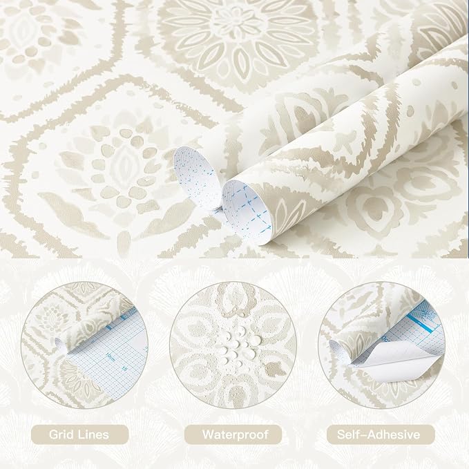 HeloHo Peel and Stick Wallpaper Boho Contact Paper Beige Modern Wall Paper Removable Self Adhesive Geometric Wallpapers for Bedroom Bathroom Cabinet Vinyl Rolls 78.7 "x17.3 - Image 5