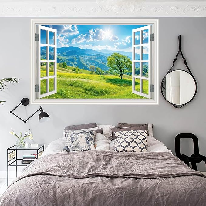 Fake Window Wall Decals Green Mountain Forest Tree Faux Window Sticker Poster Picture Open Wall Art Decor, Stick and Peel Landscape Natural Scenery Scene Mural 48"x32",Set of 2 Sheets - Image 9