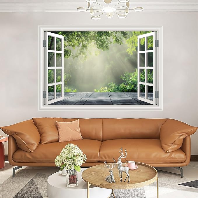 Fake Window Poster Wall Decal - Morning Green Forest Faux Window Wall Mural Prints for Wall Decor, Peel and Stick Wall Sticker, Spring Green Forest Tree Scene Wall Art Poster 24" x 16" - Image 8