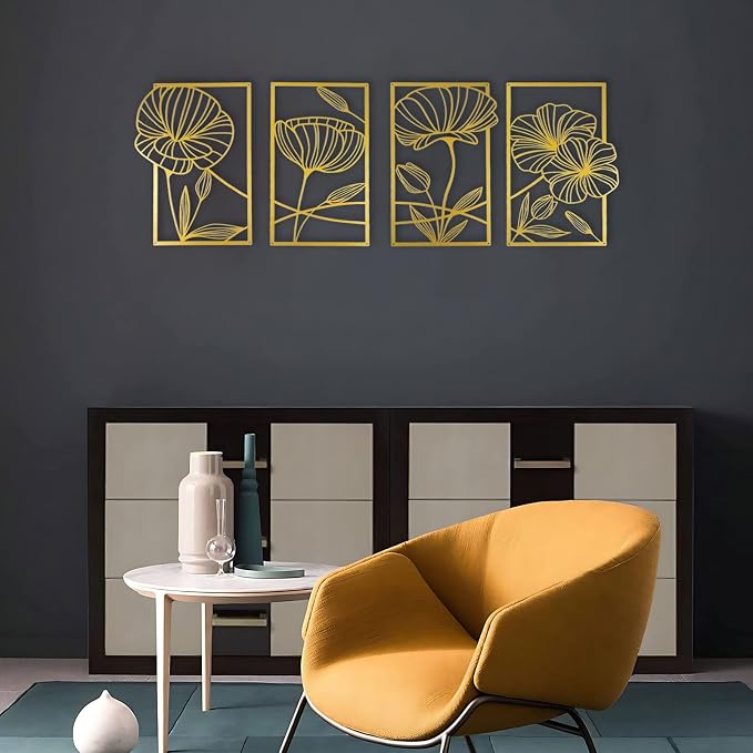 ESTART 4Pcs Metal Lotus Wall Decor Abstract Floral Line Art Sculpture | Minimalist Wall Decor for Bedroom Flowers Hanging Wall Sculpture for Living Room Kitchen Office and Yoga Room (Gold) - Image 2