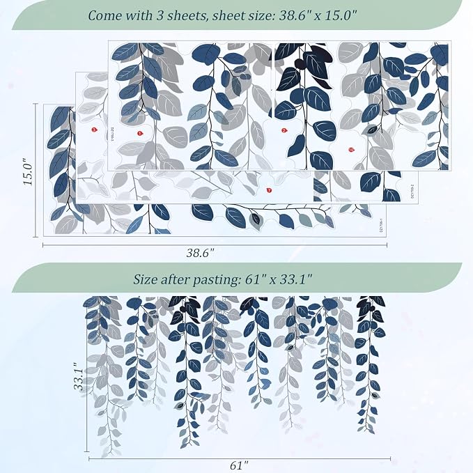 Blue Hanging String of Eucalyptus Wall Decals Peel and Stick, Large Plants Vinyl Wall Stickers, Removable Vine Home Decor Art for Bedroom Living Room Classroom Office - Image 2