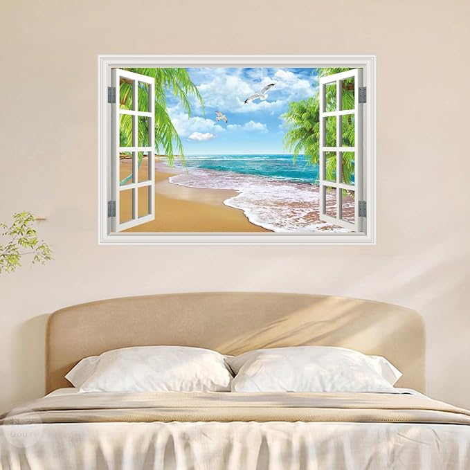 Fake Window Wall Mural Beach Palm Tree Art Poster Faux Window Wall Sticker for Office Home Room Decor, Peel and Stick Wall Decals 24" x 16" - Image 7