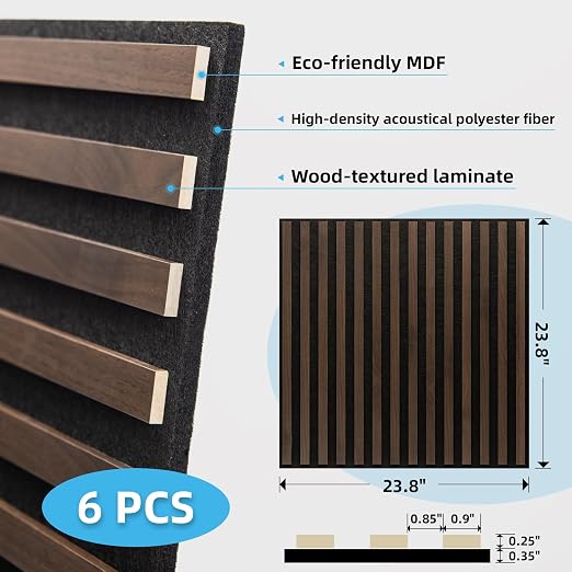 Art3d 6-Pack Acoustic Wood Slat Panel & Ceiling Tile, 2 x 2 ft, Walnut | Crack-Resistant, Scratch-Resistant, Eco-Friendly, Durable, Grid Compatible, Ideal for Living Room, Bedroom & Home DIY Upgrade - Image 6