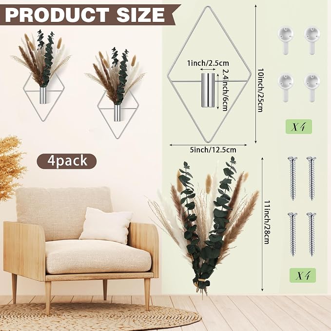 Jexine 4 Pcs Hanging Artificial Planters Wall Decor, Chrome Silver, Pampas | Bathroom Wall Decor, Geometric Metal Vase, Indoor Plants, Living Room, Home Office, Entryway, Boho Accent, Wall Mounted - Image 2