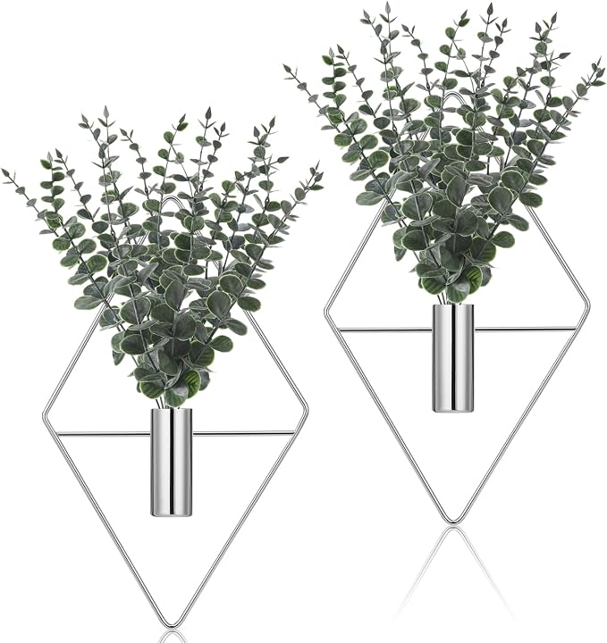 Jexine 8 Pcs Hanging Artificial Planters Wall Decor, Chrome, Eucalyptus | Bathroom Wall Decor, Geometric Metal Vase, Indoor Plants, Living Room, Home Office, Entryway, Boho Accent, Wall Mounted by Jexine