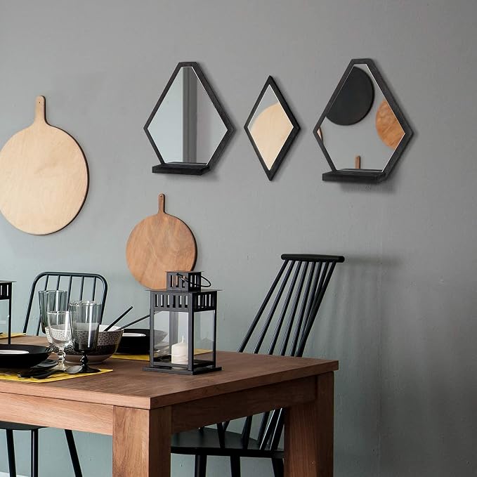 JACKCUBE Design Wall Mount Decorative Mirrors- Set of 3, Geometric Rustic Wood Real Mirror with Shelf for Bedroom, Bathroom, Living Room, Kitchen Wall Art Décor- MK689A - Image 2