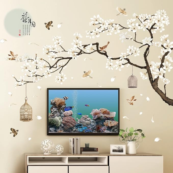 LiveGallery White Peach Blossm Flowers Wall Stickers Chinese Style Tree Branches Wall Decals Removable DIY Ancient Poems Petal Moon Birdcage Wall Art Murals for Girls Bedroom TV Background (Right) - Image 2