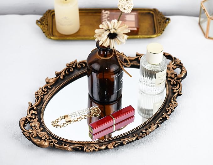 Tstarer Vintage Decorative Gold Framed Mirror, Wall Hanging Mirrors & Tabletop Tray for Bedroom Living Room Dresser Decor, Oval- 9.6" W x 14.3" L (Bronze) - Image 4