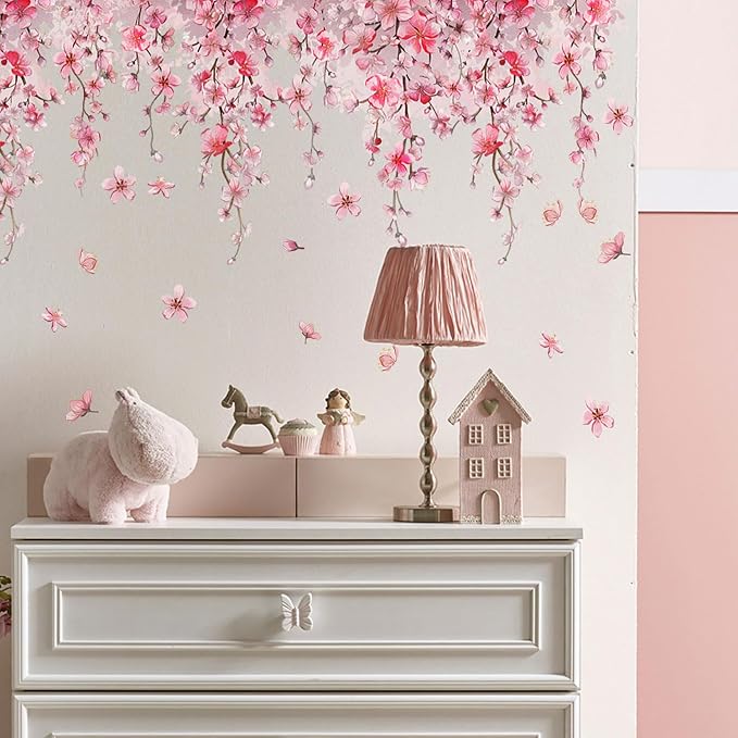 Cherry Blossom Flower Vine Wall Decal Peel and Stick Removable Floral Wall Art for Girls Bedroom Nursery Living Room Decor with Hanging Vines Blossoms - Image 3