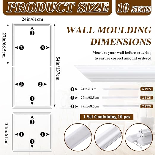 Pangda 10set Peel and Stick Wall Molding Kit 3D Premade, 24x54in | Accent Wall Moulding Kit, Wainscoting Panel, for Interior Decor, Ready to Assemble, Peel and Stick, Wainscoting Accent Panel - Image 2