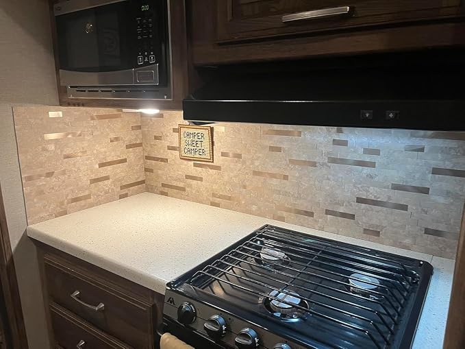 Yipscazo 10 Sheets Peel and Stick Stone Metal Tile Backsplash, Stick on Tiles for Backsplash Kitchen, Bathroom, Laundry Room, Camper, Fireplace (12'' X 12'', Beige Stone with Gold Metal) - Image 5