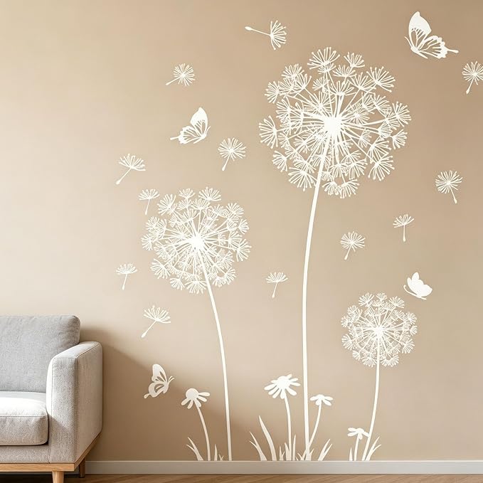 Arawat Wall Decals Peel and Stick Wall Stickers Decor Flower Wall Mural for Bedroom Butterfly Dandelion Wall Art Floral Wall Stickers & Murals for Living Room Bathroom Removable Door Sticker - Image 2