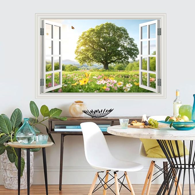 Fake Window Wall Sticker Decal Spring Green Grassland Tree Faux Window Flowers Poster Picture Open Wall Art Decor, Stick and Peel Landscape Natural Scenery Canvas Scene Mural,16"x24" - Image 9