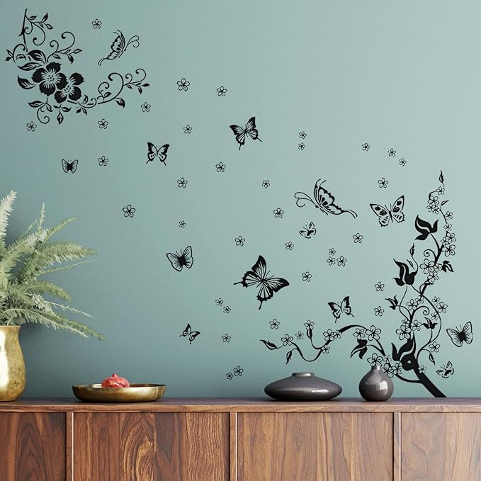 Supzone Flowers Vine Wall Decals - Black Flowers Stickers, Butterfly Decor, Removable Vinyl Art for Bedroom, Living Room, Office, Sofa Backdrop, TV, Home Decoration - Image 4