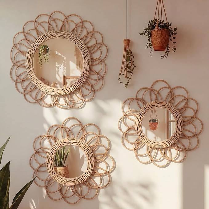 Vercraft 3 Pack Boho Rattan Mirror Wall Hanging Wicker Flower Decor by Vercraft