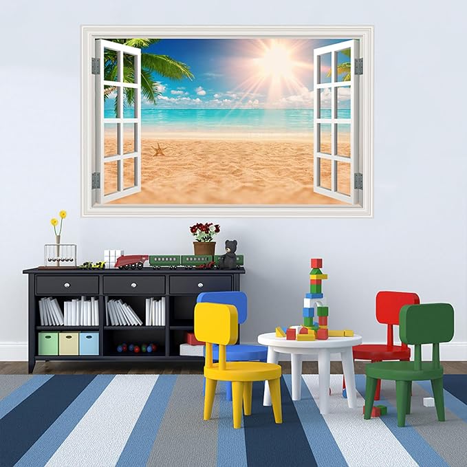 Fake Window Wall Decal- Summer Beach Ocean Palm Tree Open Wall Art Sticker | Faux Window Natural Scenery Landscape Mural ｜ Stick and Peel Wall Decals｜Room Bedroom Office Decor｜48"x32",Set of 2 Sheets - Image 5