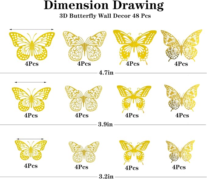Meikeer 3D Butterfly Wall Decor 48Pcs Gold Removable Stickers Party | Gold metallic, 4 styles 3 sizes (8/10/12cm), self-adhesive, foldable 3D wings, wall, window, bedroom, wedding, party - Image 2