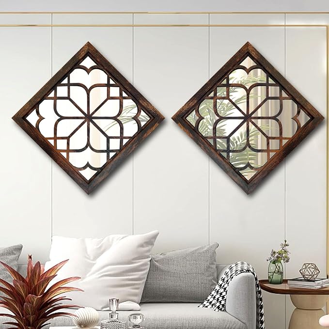 Wocred 20inch 2 PCS Square Wall Mirror,Gorgeous Rustic Farmhouse Accent Mirror, Caramel Color Entry Mirror for Bathroom Renovation,Bedrooms,Living Rooms and More. - Image 2