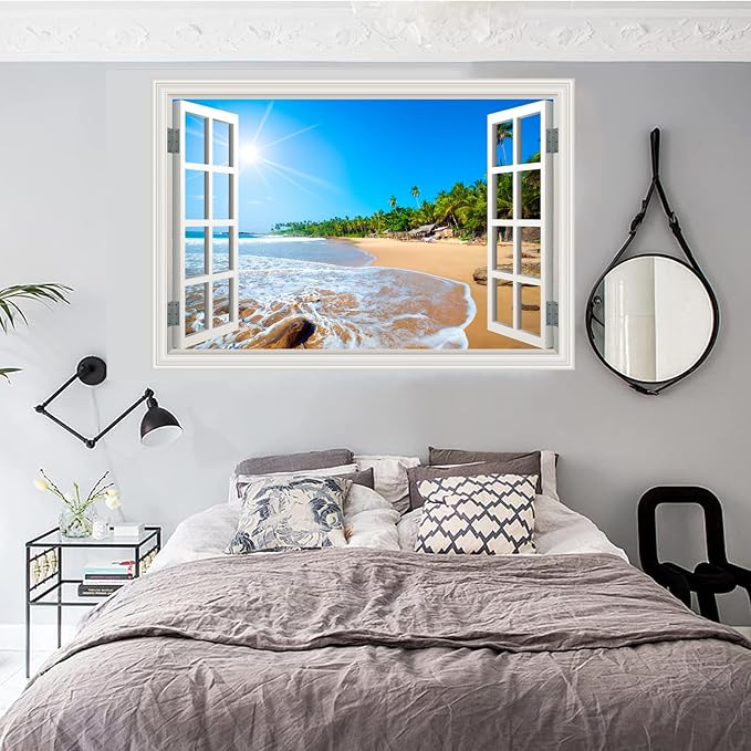 Fake Window Wall Decal- Summer Beach Seascape Coast Open Wall Art Sticker | Faux Window Tropical Ocean Natural Landscape Mural｜ Stick and Peel Wall Decals｜for Room Office Decor｜48"x32",Set of 2 Sheets - Image 7
