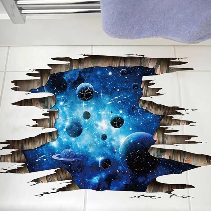 3D Space Floor Sticker,Blue Galaxy Wall Decal-Removable Mural for Kids Bedroom Living Room Milky Way Decorations by Quanhaigou