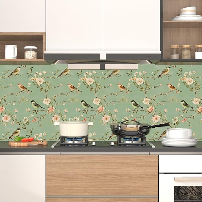 Laatse Vintage Floral Bird Wallpaper Peel and Stick 17.5" × 118", Green | Self Adhesive/Removable/Waterproof/Thick Vinyl Contact Paper for Bathroom Bedroom Shelf Cabinet Drawer,Prepasted,Easy Peel - Image 4