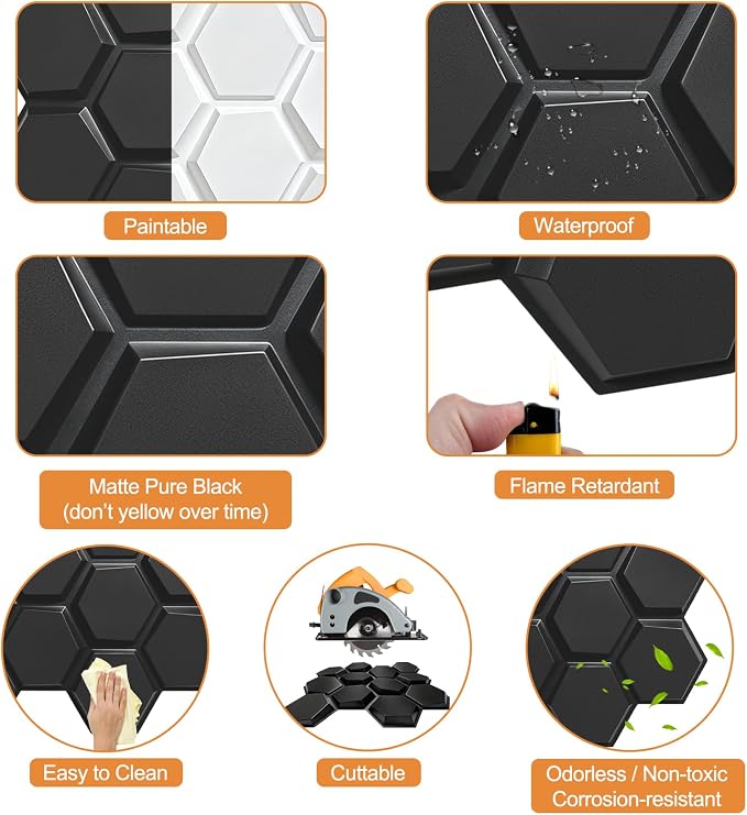 TroyStudio Hexagon Acoustic Sound Diffuser Panels, 19.7 X 19.7 X 0.9 inches 12 Pcs Black PVC Plastic 3D Wall Panel, Recording Studio Acoustical Treatment Diffusion panel, Art Decorative Ceiling Tiles - Image 4