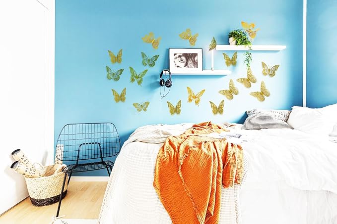 Meikeer 3D Butterfly Wall Decor 48Pcs Gold Removable Stickers Party | Gold metallic, 4 styles 3 sizes (8/10/12cm), self-adhesive, foldable 3D wings, wall, window, bedroom, wedding, party - Image 3