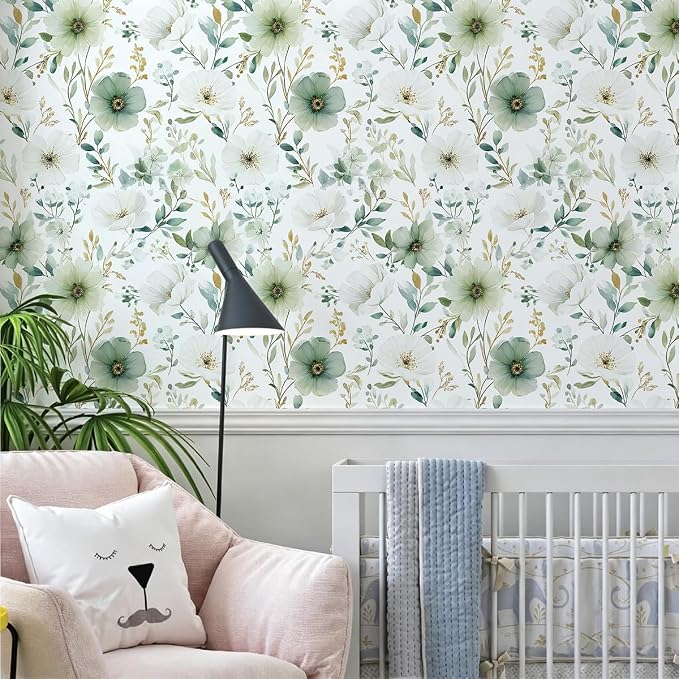Nukofal Green Floral Peel and Stick Wallpaper for Bathroom 16.9inx118.1in | Floral Contact Paper Watercolor Flower Wallpaper Modern Green Self Adhesive Removable Wall Paper for Cabinet Decor Vinyl - Image 3