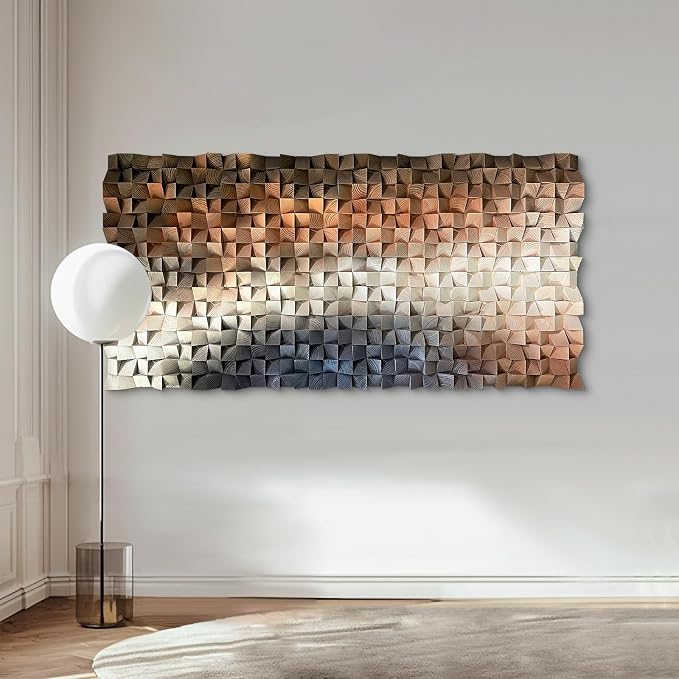 LIUZEYUE Unique Modern Wood Wall Art, Designed with Expansive Mosaic Rhythm | oversized textured wood wall art; charcoal and orange, natural grain; living room double-height focal wall; 39.4 x 78.7 in - Image 6