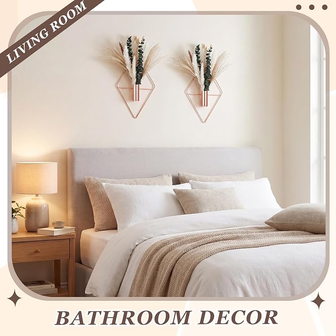 Canlierr 4 Pcs Rose Gold Wall Decor Hanging Planters with Artificial Plants Eucalyptus Pampas Grass Metal Hanging Vase Indoor Plants Holder Modern Boho Wall Art for Bathroom Bedroom Living Room Decor - Image 5