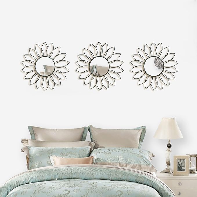 3 Pack Metal Mirrors for Wall Sunburst Wall Mirrors Home Décor Decorative Hanging Wall Art for Living Room Bedroom Entryway (Black2, Flowers) - Image 5