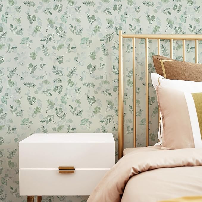 Sage Green Watercolor Floral Peel and Stick Wallpaper, 17.3" x 472" Removable & Waterproof Vinyl Wallpaper, Soft Pastel Flower Self-Adhesive Contact Paper for Nursery Bedroom Cabinets - Image 7
