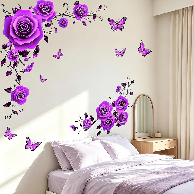 Purple Flower Floral Wall Decals, Butterflies Rose Vines Wall Stickers | Vibrant peel and stick wall decor, removable self‑adhesive vinyl DIY wall art for bedroom living room home wall decoration - Image 6