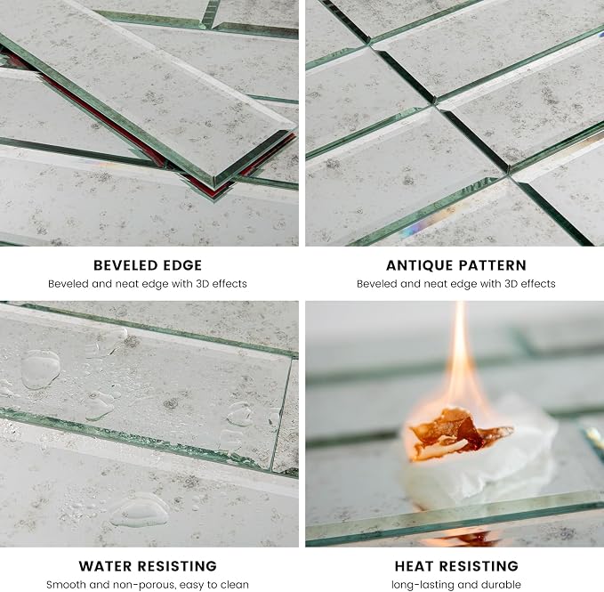Peel and Stick Light Antique Mirror Glass Subway Tile 3 x 12 Inch - Image 6