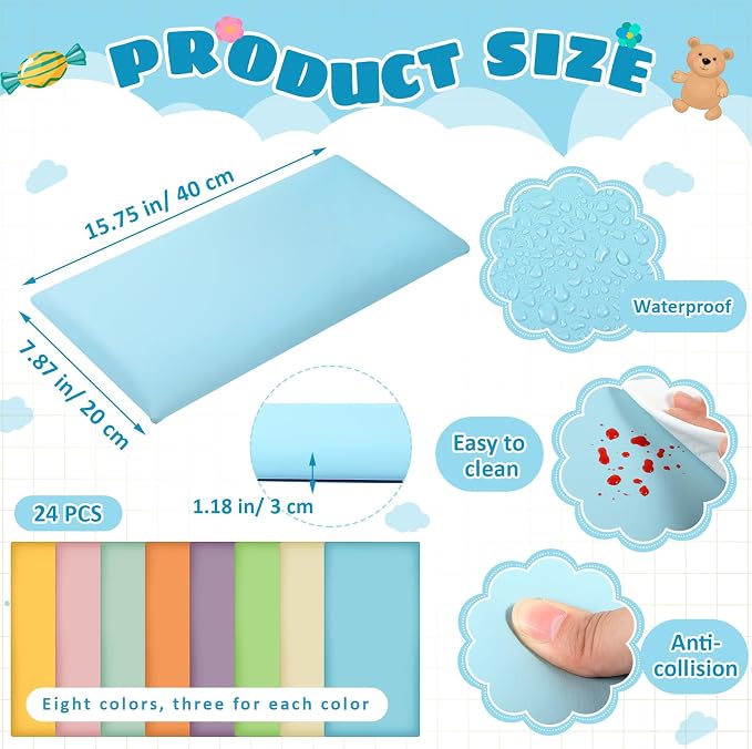 Hahafelt 24 Pack Wall Padding for Playroom Peel and Stick Headboard 15.75" x 7.87" x 1.18" 3D Anti Collision Upholstered Wall Panels Self Adhesive Headboard Panel for Protection (Fresh Colors) - Image 2