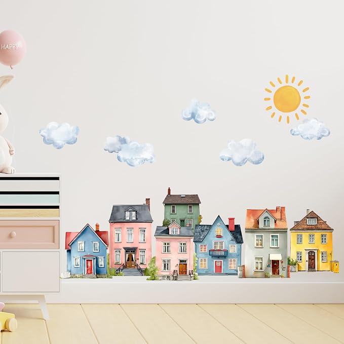 Watercolor Towns Village Wall Decal, Peel and Stick Nursery Mural Wall Stickers for Kids, Boys and Girls Room, Bedroom & Toddler Room Decor - Image 6
