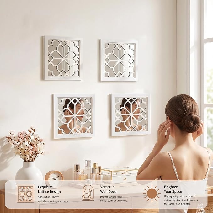 ZEXUIRU 4 Set Rustic Wall Mirrors for Bedroom Bathroom Living Room Entryway Wood Farmhouse Square Easy to Hang Framed Decorative Accent Hanging Wall-Mounted Mirror Set for Living Room -White - Image 7