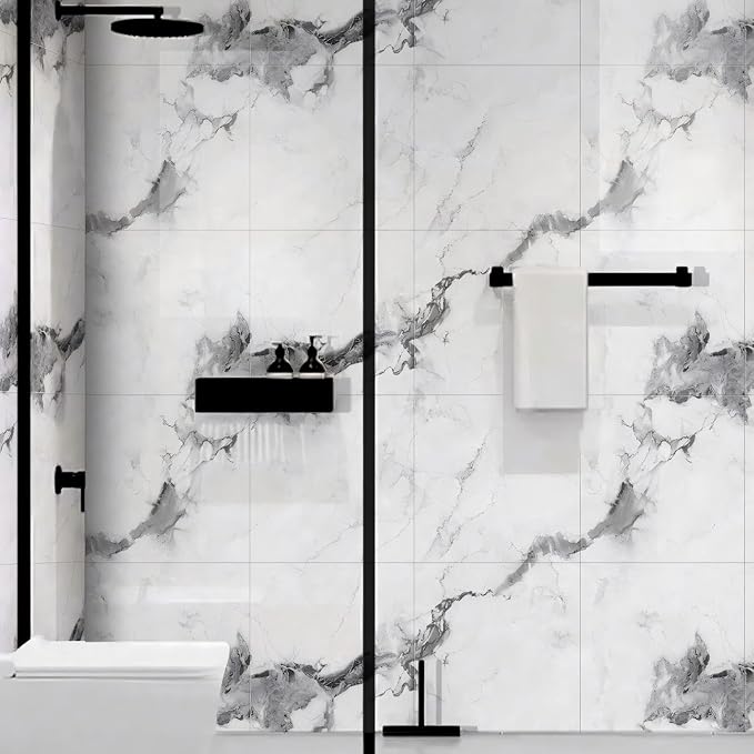 Chejiaye 10pcs Marble Peel and Stick Backsplash Waterproof Washroom Wall Panels, Peel and Stick Tile, PVC Foam Wall Panels for Kitchen,Bathroom,Living Room,White Grey(Not Real Tile,11.8" x 11.8") - Image 3