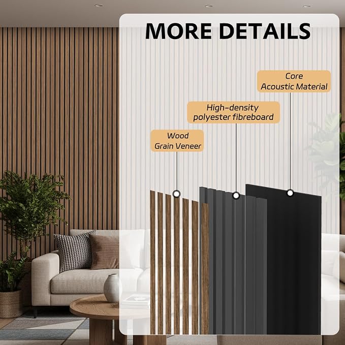 4 Pack Wood Panels for Wall, 106.3" × 11" Wood Slat Acoustic Panels for Wall, Soundproof Panels, 3D Fluted Panels for Interior Wall Decor (Walnut) - Image 4