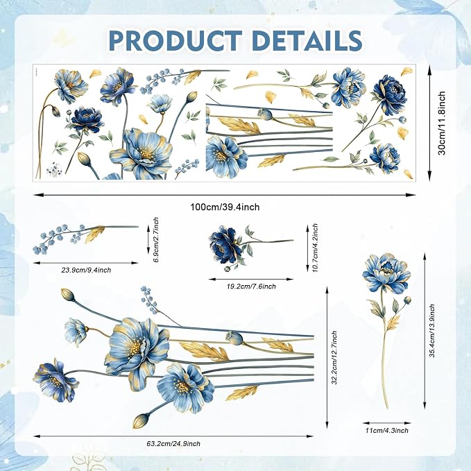 LHIUEM Blooming Golden Leaves Blue Flowers Wall Stickers 39”x12” Large Floral Peel and Stick Wall Decals Removable Bright Wildflower Wall Decals for Bathroom Living Room Window Bedroom - Image 7